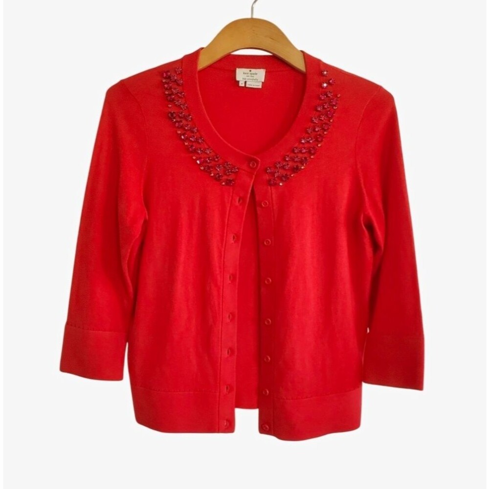 Kate Spade Red Jeweled Cardigan Cotton Silk Cashmere Preppy Old Money Lux Size S